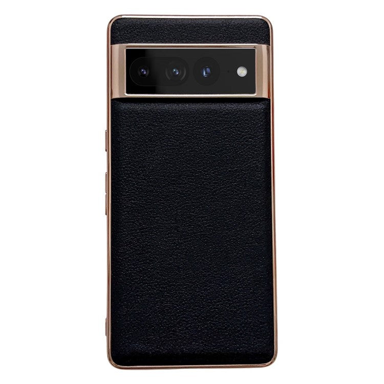 For Google Pixel 7 Pro 5G Nano Electroplating Protective Case Textured Genuine Cowhide Leather Coating PC+TPU Phone Back Cover - Black