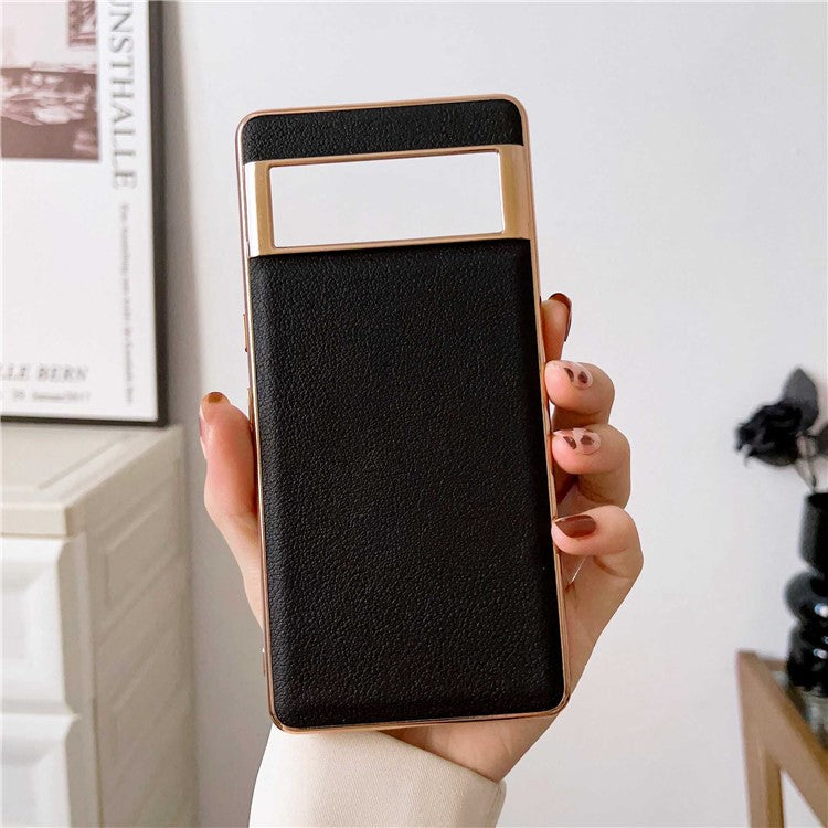 For Google Pixel 7 Pro 5G Nano Electroplating Protective Case Textured Genuine Cowhide Leather Coating PC+TPU Phone Back Cover - Black