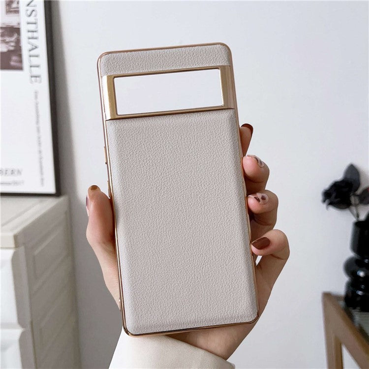 For Google Pixel 7 Pro 5G Nano Electroplating Protective Case Textured Genuine Cowhide Leather Coating PC+TPU Phone Back Cover - Grey