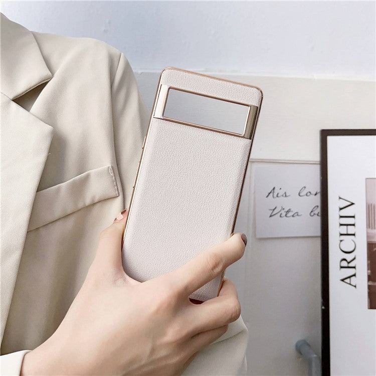 For Google Pixel 7 Pro 5G Nano Electroplating Protective Case Textured Genuine Cowhide Leather Coating PC+TPU Phone Back Cover - Grey