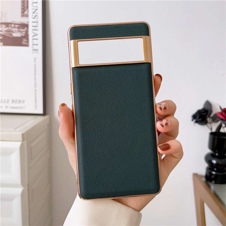 For Google Pixel 7 Pro 5G Nano Electroplating Protective Case Textured Genuine Cowhide Leather Coating PC+TPU Phone Back Cover - Blackish Green