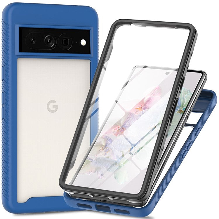 For Google Pixel 7 Pro 5G PET Screen Protector Phone Case Hard PC + Soft TPU Shockproof Cover - Dark Blue
