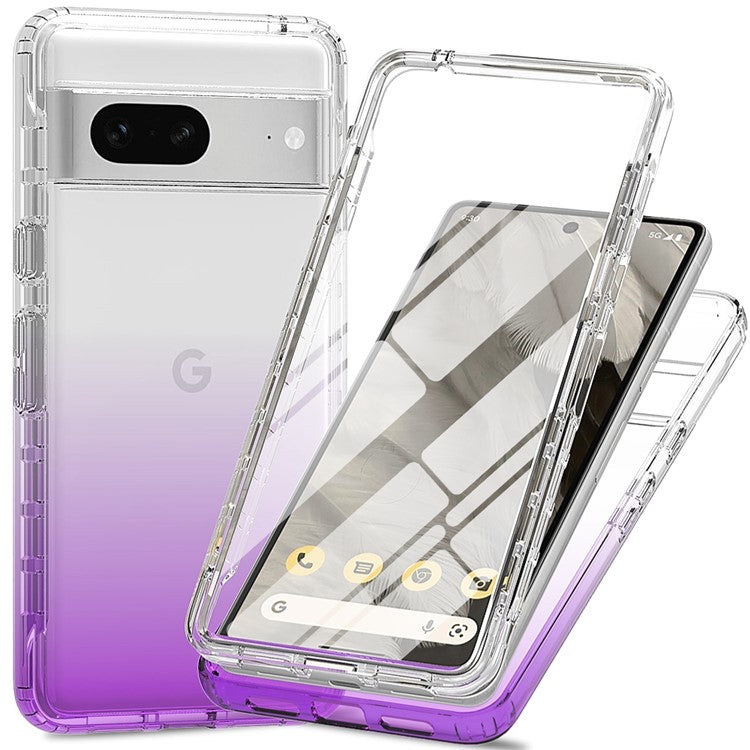 For Google Pixel 7 5G 3-in-1 Hybrid PC + TPU Cell Phone Shell Cover Gradient Shockproof Case with PET Screen Protector - Purple