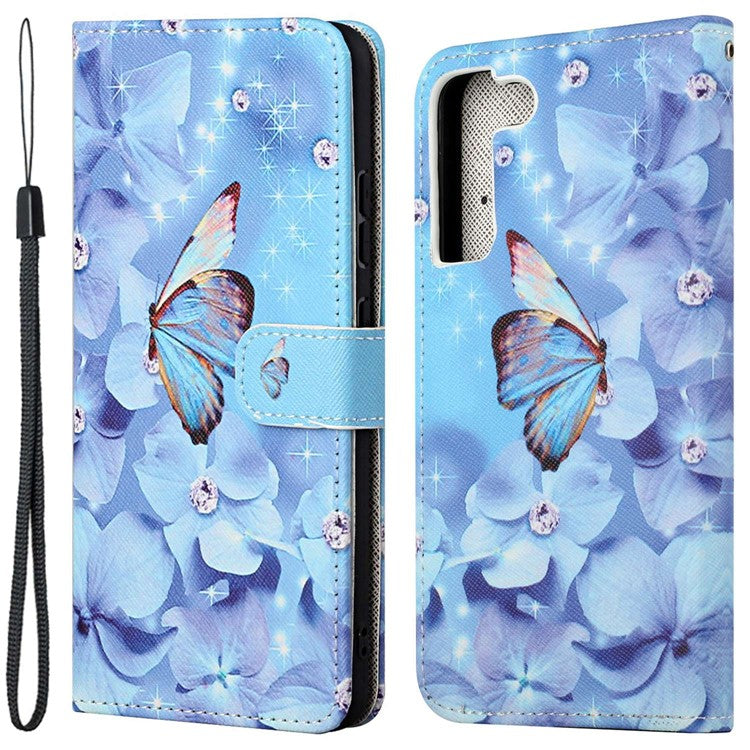 For Samsung Galaxy S23+ Cross Texture PU Leather Flip Wallet Cover 3D Pattern Printing Foldable Stand Drop-proof Phone Case - Flower and Butterfly