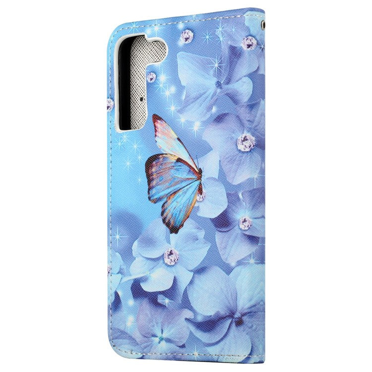 For Samsung Galaxy S23+ Cross Texture PU Leather Flip Wallet Cover 3D Pattern Printing Foldable Stand Drop-proof Phone Case - Flower and Butterfly