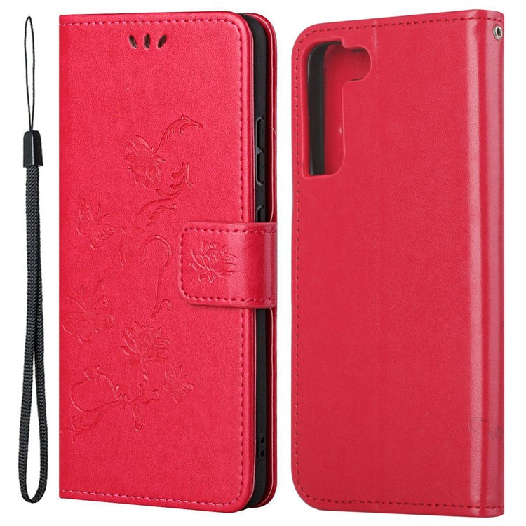 For Samsung Galaxy S23 Butterfly Flower Imprinted PU Leather Phone Case Wallet Hands-free Stand Smartphone Cover - Red