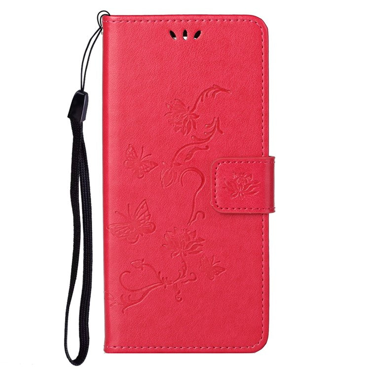 For Samsung Galaxy S23 Butterfly Flower Imprinted PU Leather Phone Case Wallet Hands-free Stand Smartphone Cover - Red