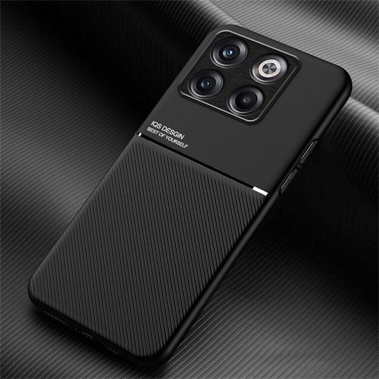 For OnePlus Ace Pro 5G / 10T 5G Lines Imprinted PU Leather+TPU Back Case with Built-in Metal Sheet Hybrid Shell - Black