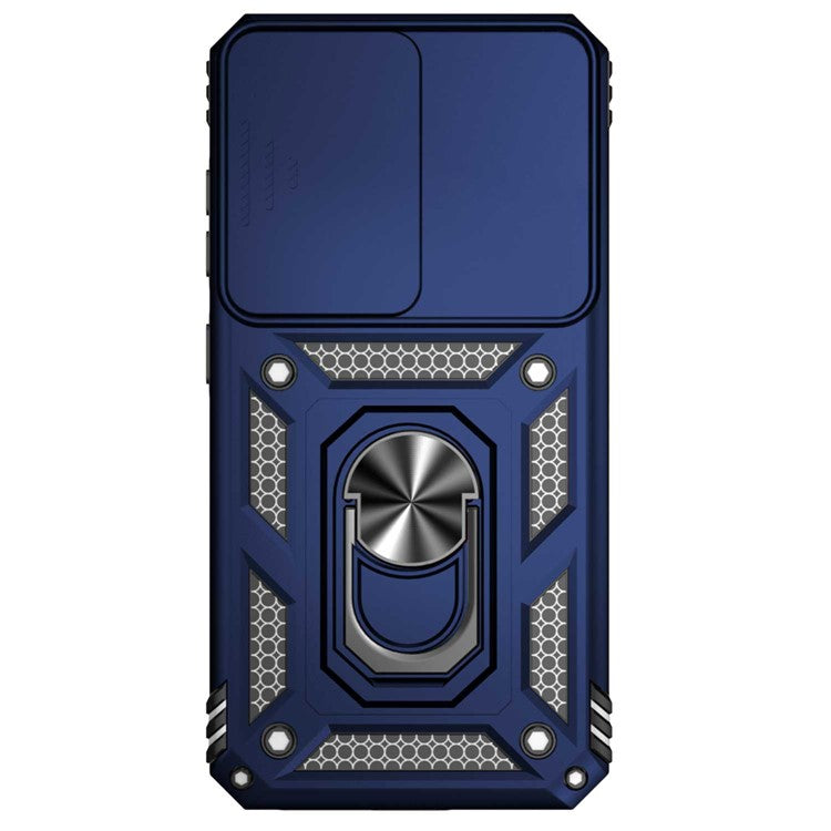 For Samsung Galaxy S23 Back Case, Slide Camera Protector Design Shockproof PC + TPU Protective Phone Cover with Metal Ring Kickstand - Blue