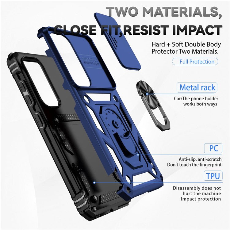 For Samsung Galaxy S23 Back Case, Slide Camera Protector Design Shockproof PC + TPU Protective Phone Cover with Metal Ring Kickstand - Blue