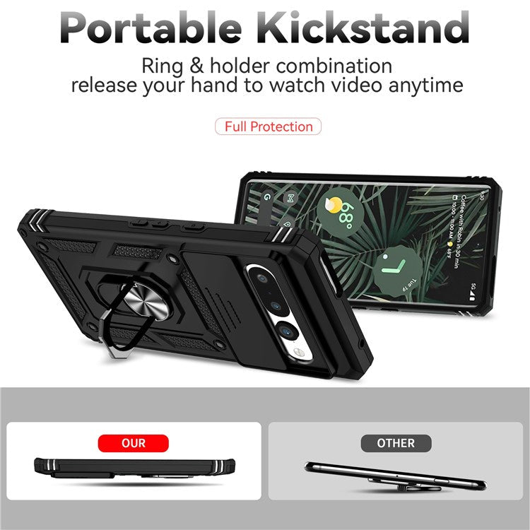 Ring Kickstand Protective Case for Google Pixel 7 Pro 5G, Slide Camera Lid Design PC + TPU Anti-drop Back Cover - Black