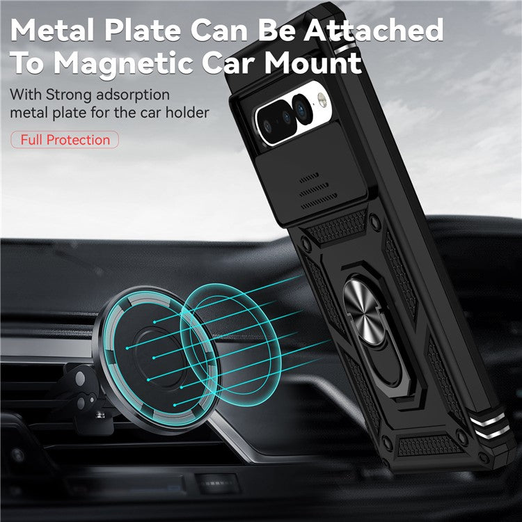 Ring Kickstand Protective Case for Google Pixel 7 Pro 5G, Slide Camera Lid Design PC + TPU Anti-drop Back Cover - Black