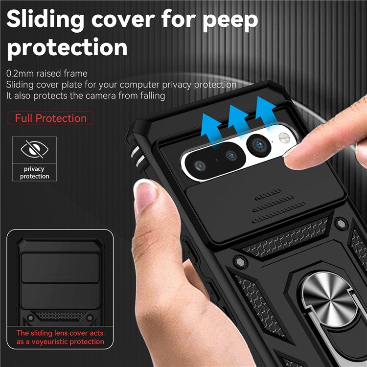 Ring Kickstand Protective Case for Google Pixel 7 Pro 5G, Slide Camera Lid Design PC + TPU Anti-drop Back Cover - Black