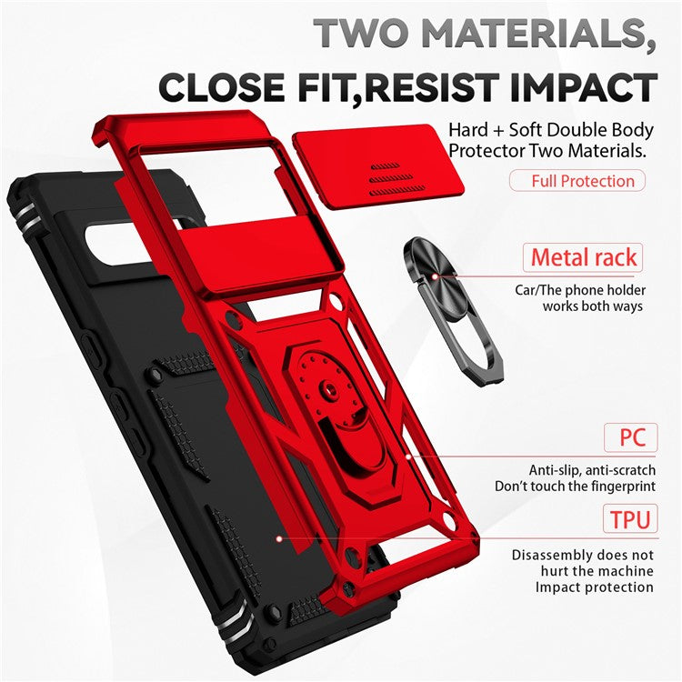 Ring Kickstand Protective Case for Google Pixel 7 Pro 5G, Slide Camera Lid Design PC + TPU Anti-drop Back Cover - Red