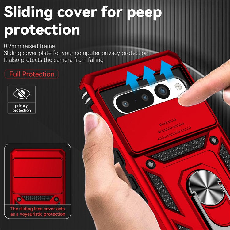 Ring Kickstand Protective Case for Google Pixel 7 Pro 5G, Slide Camera Lid Design PC + TPU Anti-drop Back Cover - Red
