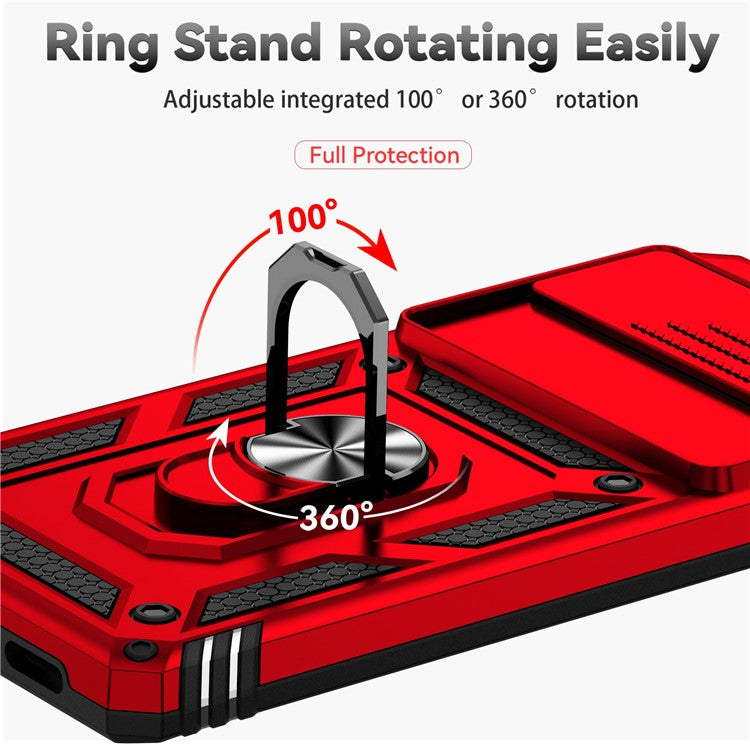 Ring Kickstand Protective Case for Google Pixel 7 Pro 5G, Slide Camera Lid Design PC + TPU Anti-drop Back Cover - Red