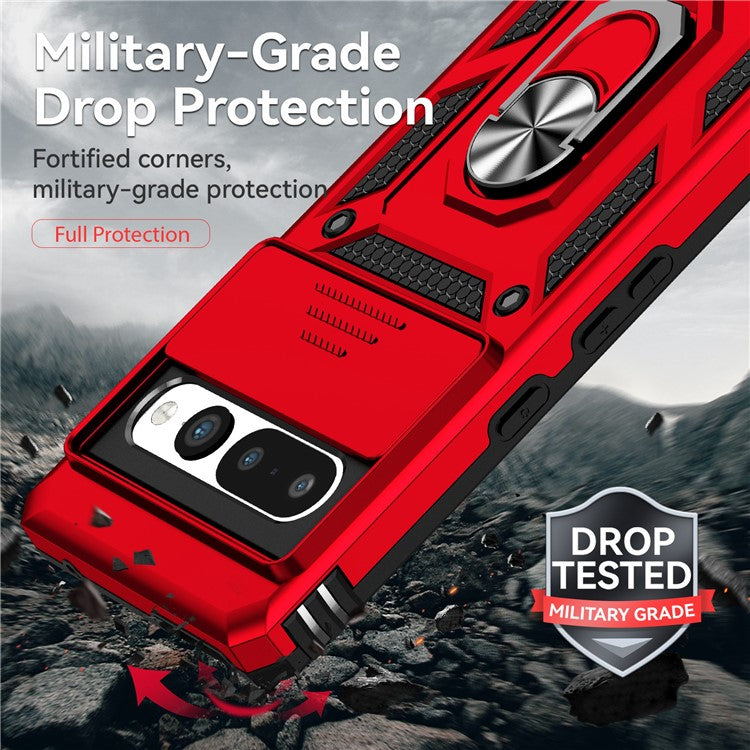Ring Kickstand Protective Case for Google Pixel 7 Pro 5G, Slide Camera Lid Design PC + TPU Anti-drop Back Cover - Red