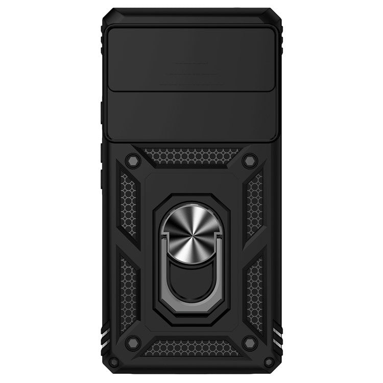 Drop-proof Back Case for Google Pixel 6a, Slide Camera Protector Design PC + TPU Protective Phone Cover with Metal Ring Kickstand - Black