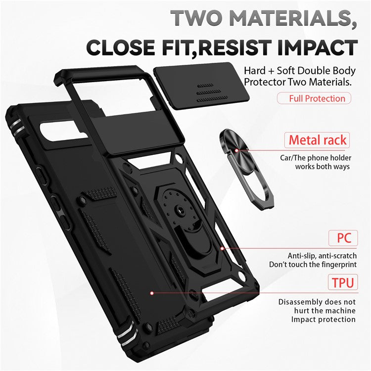Drop-proof Back Case for Google Pixel 6a, Slide Camera Protector Design PC + TPU Protective Phone Cover with Metal Ring Kickstand - Black