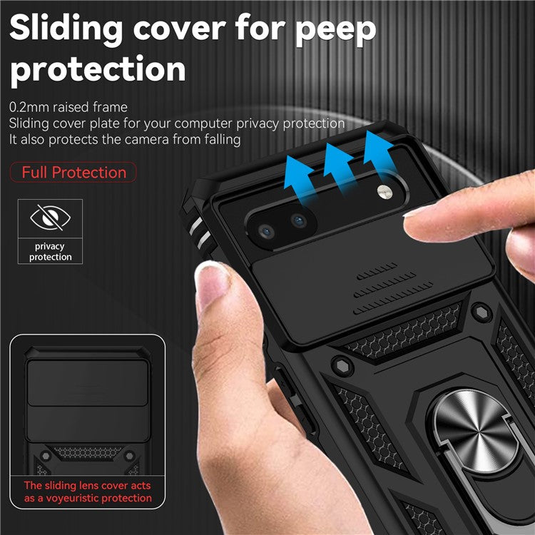 Drop-proof Back Case for Google Pixel 6a, Slide Camera Protector Design PC + TPU Protective Phone Cover with Metal Ring Kickstand - Black