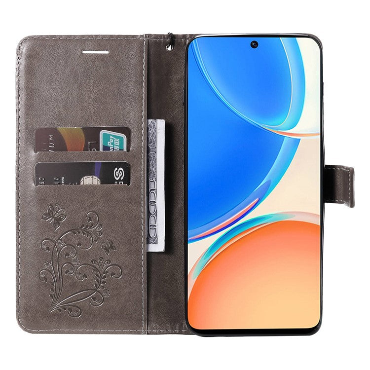 KT Imprinting Series-2 for Honor X8 4G Phone Case Imprinted Butterfly Pattern Protective Wallet PU Leather Stand Cover with Strap - Grey