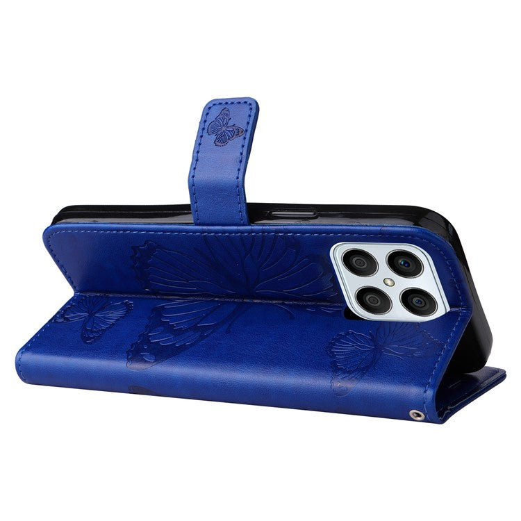 KT Imprinting Series-2 for Honor X8 4G Phone Case Imprinted Butterfly Pattern Protective Wallet PU Leather Stand Cover with Strap - Blue