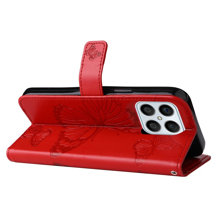 KT Imprinting Series-2 for Honor X8 4G Phone Case Imprinted Butterfly Pattern Protective Wallet PU Leather Stand Cover with Strap - Red