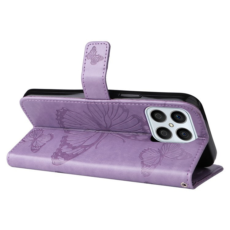 KT Imprinting Series-2 for Honor X8 4G Phone Case Imprinted Butterfly Pattern Protective Wallet PU Leather Stand Cover with Strap - Purple