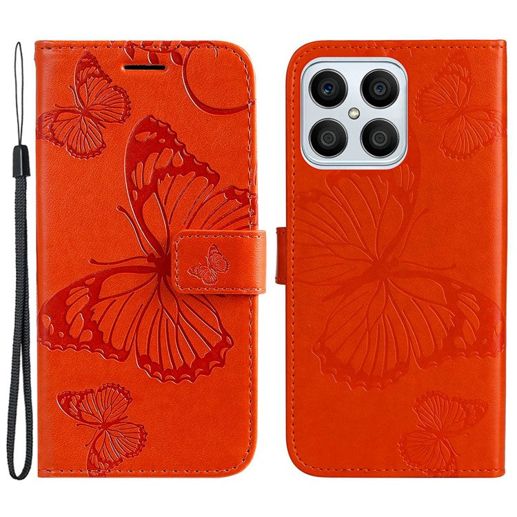 KT Imprinting Series-2 for Honor X8 4G Phone Case Imprinted Butterfly Pattern Protective Wallet PU Leather Stand Cover with Strap - Orange