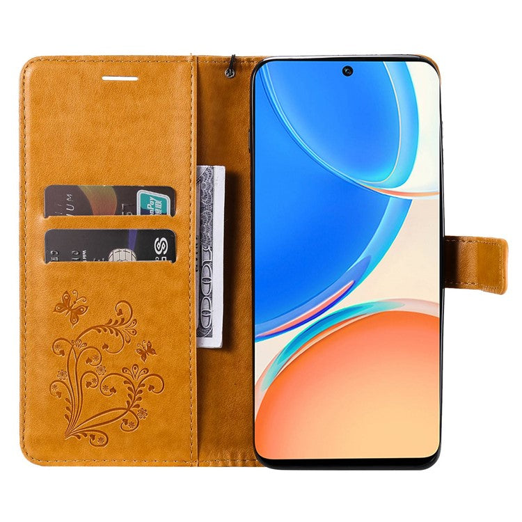 KT Imprinting Series-2 for Honor X8 4G Phone Case Imprinted Butterfly Pattern Protective Wallet PU Leather Stand Cover with Strap - Yellow