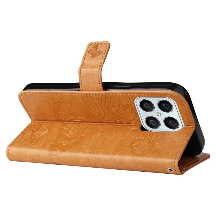 KT Imprinting Series-2 for Honor X8 4G Phone Case Imprinted Butterfly Pattern Protective Wallet PU Leather Stand Cover with Strap - Yellow