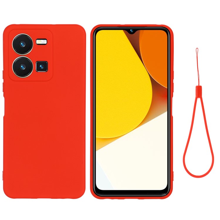 For vivo Y35 4G (2022) Liquid Silicone Cell Phone Case Anti-scratch Soft Lining Protective Cover with Strap - Red