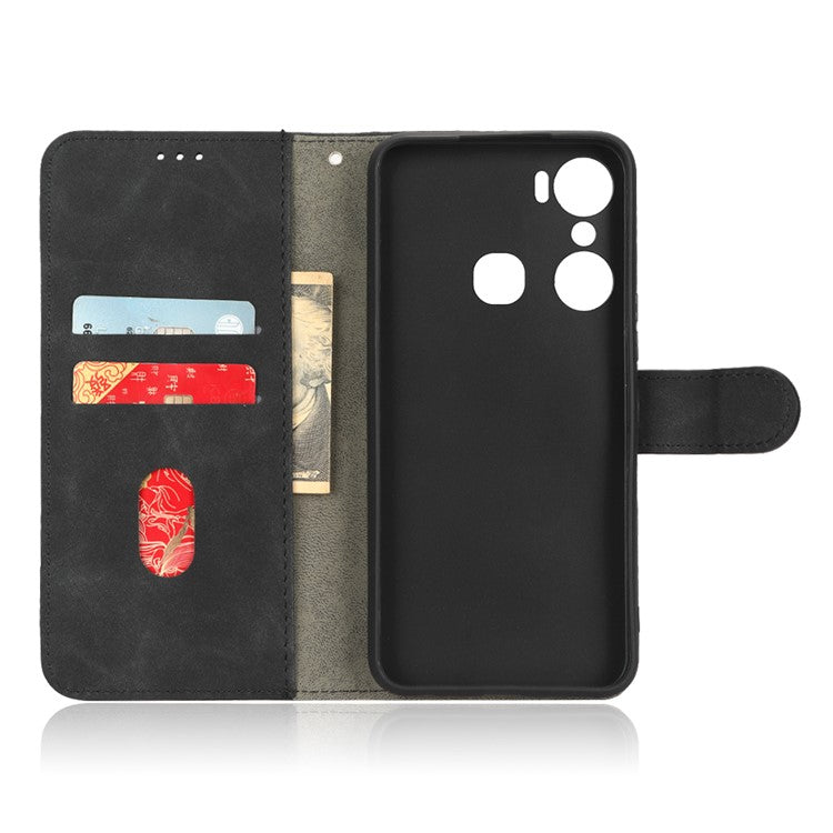 Skin-Touch Feeling Phone Case for Infinix Hot 12 Pro 4G, Wallet Stand Flip Anti-Scratch PU Leather+TPU Cover - Black