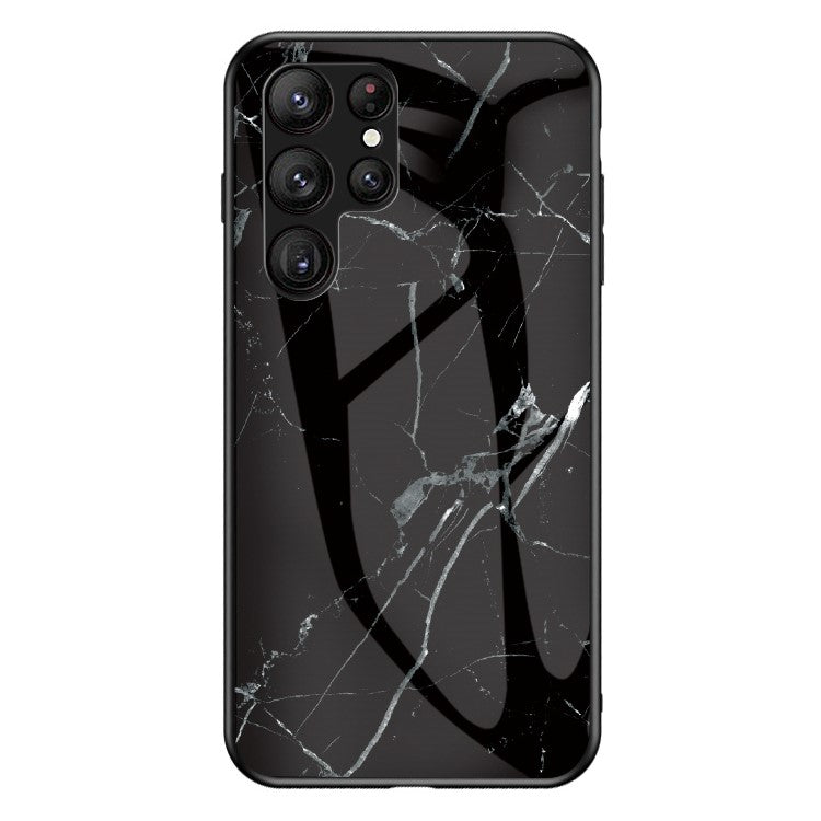 For Samsung Galaxy S23 Ultra Anti-Scratch Marble Pattern Printing Phone Case Hybrid Tempered Glass + PC +TPU Frame Back Cover - Black Marble