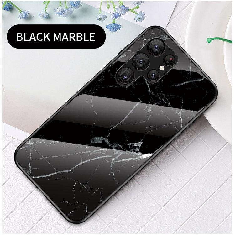 For Samsung Galaxy S23 Ultra Anti-Scratch Marble Pattern Printing Phone Case Hybrid Tempered Glass + PC +TPU Frame Back Cover - Black Marble