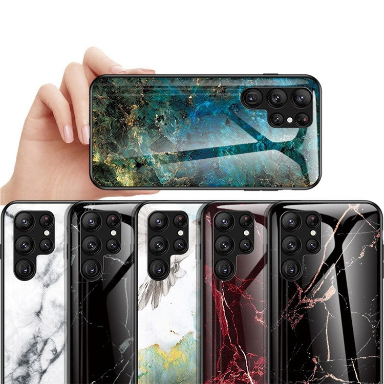 For Samsung Galaxy S23 Ultra Anti-Scratch Marble Pattern Printing Phone Case Hybrid Tempered Glass + PC +TPU Frame Back Cover - White Marble