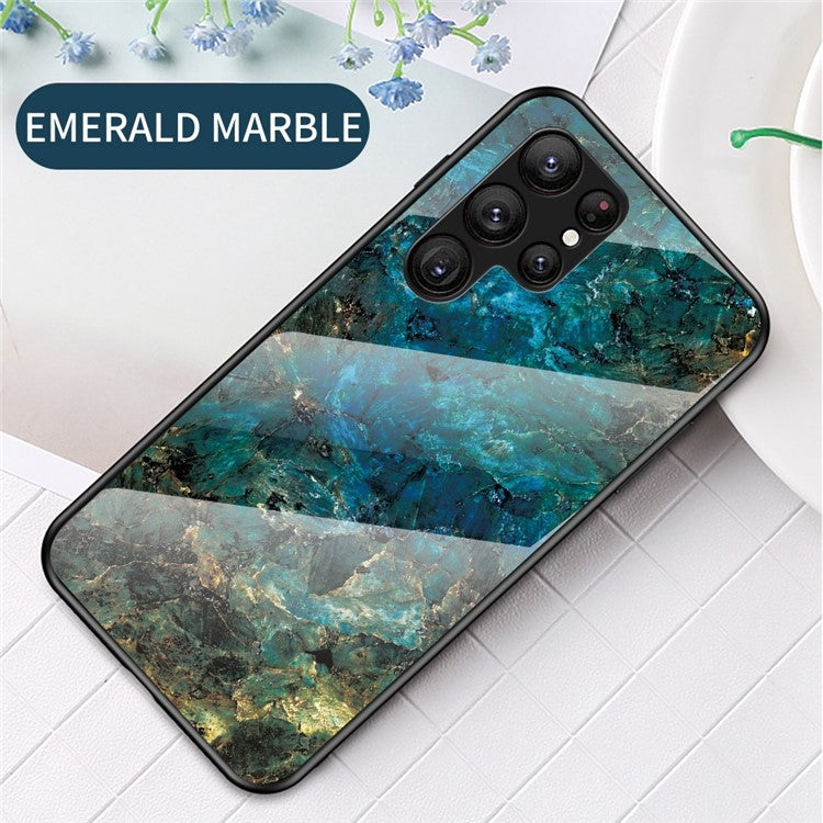 For Samsung Galaxy S23 Ultra Anti-Scratch Marble Pattern Printing Phone Case Hybrid Tempered Glass + PC +TPU Frame Back Cover - Emerald Marble
