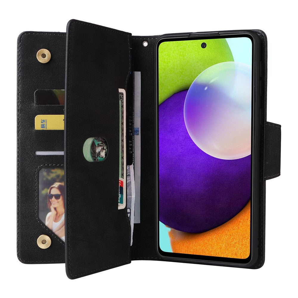 For Samsung Galaxy A23 4G / A23 5G (Global Version) / M23 5G / F23 5G Supporting Stand Wallet Zipper Pocket Phone Cover Rivet Buckle PU Leather Phone Case with Strap - Black