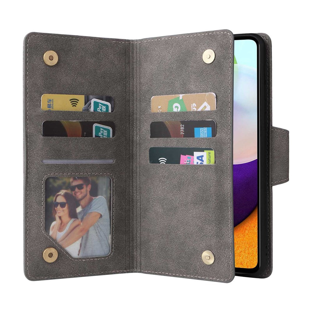 For Samsung Galaxy A23 4G / A23 5G (Global Version) / M23 5G / F23 5G Supporting Stand Wallet Zipper Pocket Phone Cover Rivet Buckle PU Leather Phone Case with Strap - Grey