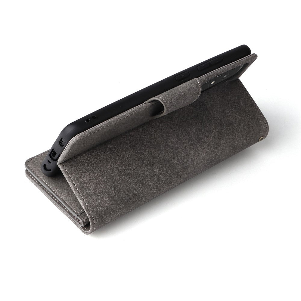 For Samsung Galaxy A23 4G / A23 5G (Global Version) / M23 5G / F23 5G Supporting Stand Wallet Zipper Pocket Phone Cover Rivet Buckle PU Leather Phone Case with Strap - Grey
