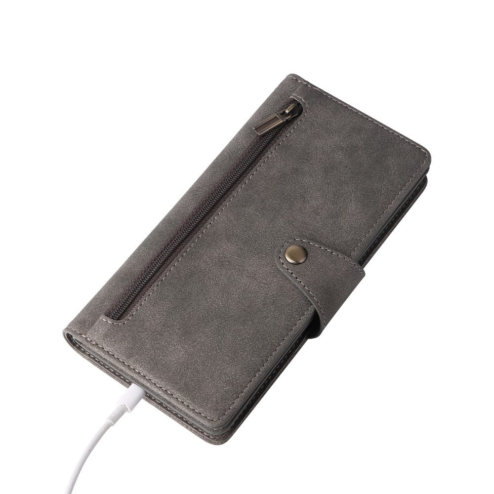 For Samsung Galaxy A23 4G / A23 5G (Global Version) / M23 5G / F23 5G Supporting Stand Wallet Zipper Pocket Phone Cover Rivet Buckle PU Leather Phone Case with Strap - Grey