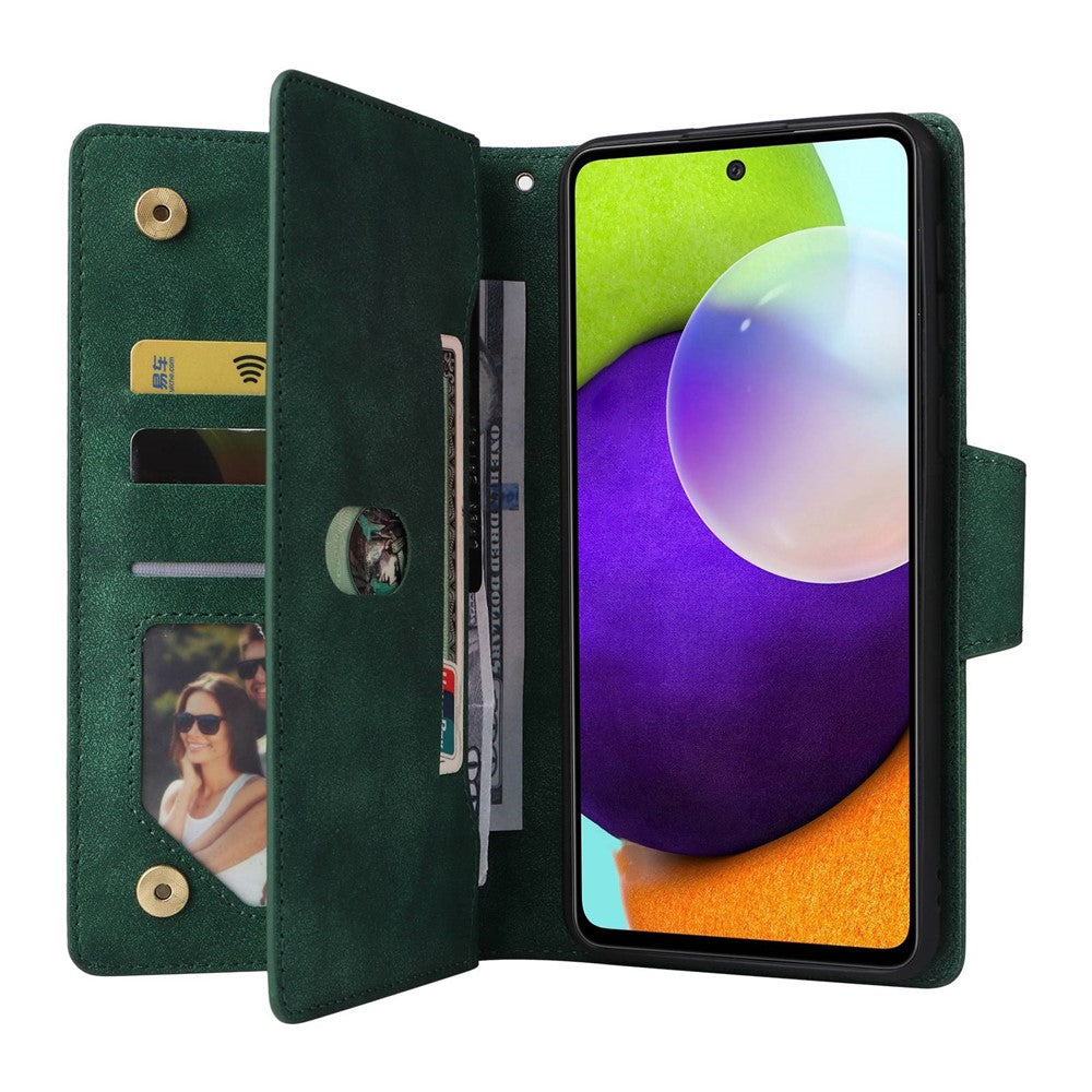 For Samsung Galaxy A23 4G / A23 5G (Global Version) / M23 5G / F23 5G Supporting Stand Wallet Zipper Pocket Phone Cover Rivet Buckle PU Leather Phone Case with Strap - Green