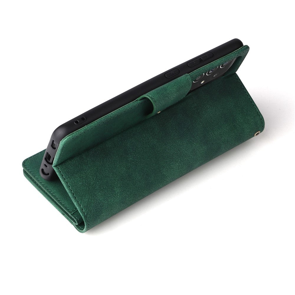 For Samsung Galaxy A23 4G / A23 5G (Global Version) / M23 5G / F23 5G Supporting Stand Wallet Zipper Pocket Phone Cover Rivet Buckle PU Leather Phone Case with Strap - Green