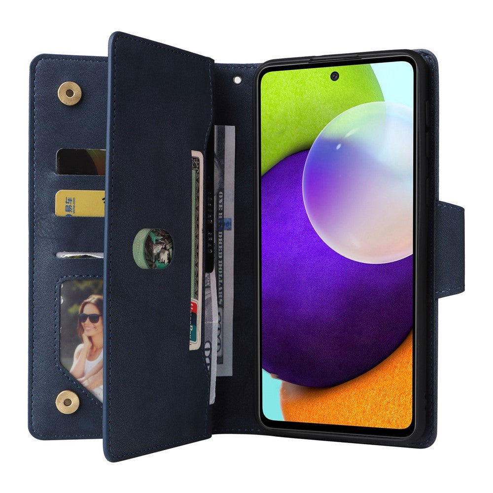For Samsung Galaxy A23 4G / A23 5G (Global Version) / M23 5G / F23 5G Supporting Stand Wallet Zipper Pocket Phone Cover Rivet Buckle PU Leather Phone Case with Strap - Blue