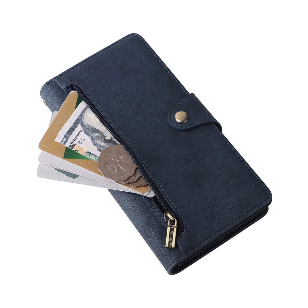 For Samsung Galaxy A23 4G / A23 5G (Global Version) / M23 5G / F23 5G Supporting Stand Wallet Zipper Pocket Phone Cover Rivet Buckle PU Leather Phone Case with Strap - Blue