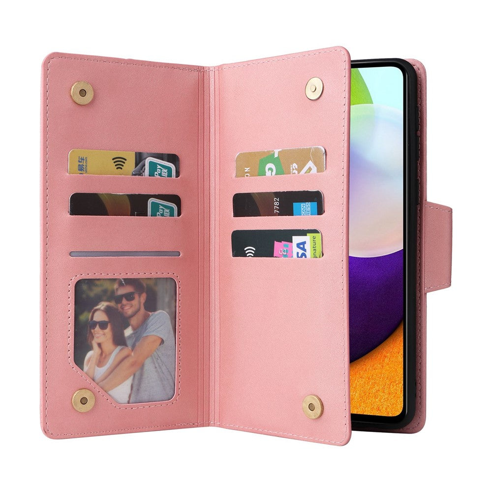 For Samsung Galaxy A23 4G / A23 5G (Global Version) / M23 5G / F23 5G Supporting Stand Wallet Zipper Pocket Phone Cover Rivet Buckle PU Leather Phone Case with Strap - Rose Gold