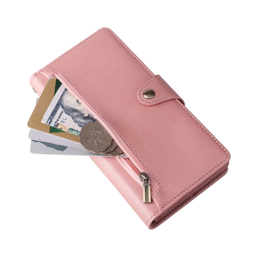 For Samsung Galaxy A23 4G / A23 5G (Global Version) / M23 5G / F23 5G Supporting Stand Wallet Zipper Pocket Phone Cover Rivet Buckle PU Leather Phone Case with Strap - Rose Gold