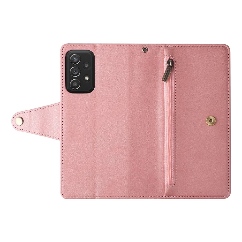 For Samsung Galaxy A23 4G / A23 5G (Global Version) / M23 5G / F23 5G Supporting Stand Wallet Zipper Pocket Phone Cover Rivet Buckle PU Leather Phone Case with Strap - Rose Gold