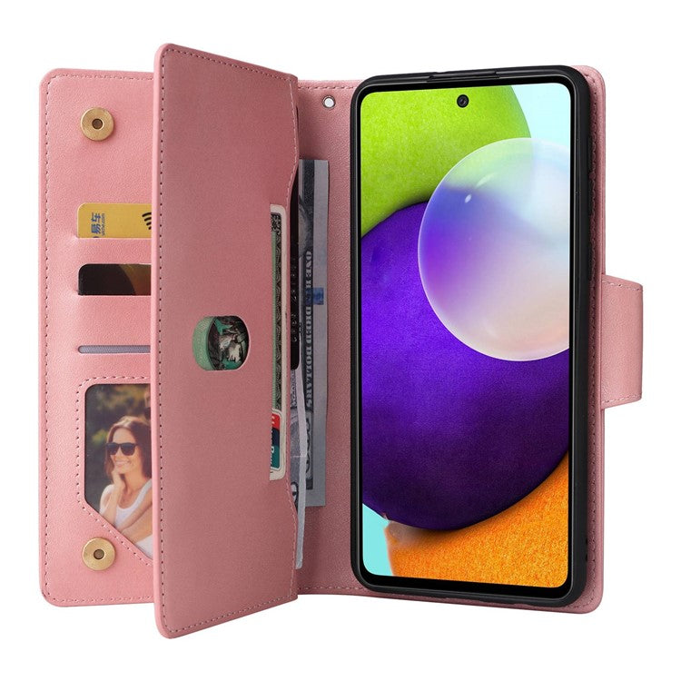 For Samsung Galaxy A53 5G Multiple Card Slots Phone Cover Rivet Buckle PU Leather Phone Case Stand Wallet with Strap - Rose Gold