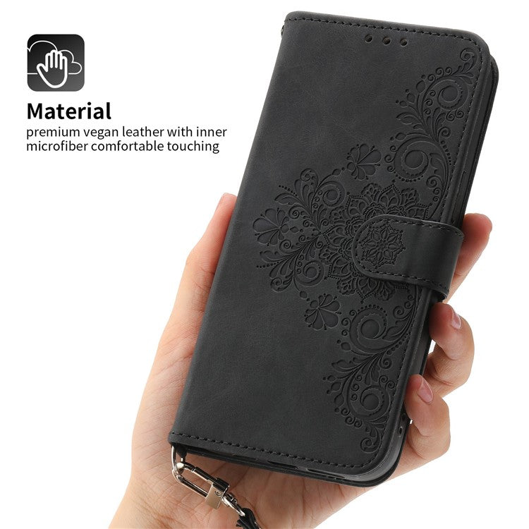 Skin-touch Multiple Card Slots Phone Case for Oppo A17 4G / A17k 4G , Imprinted Flowers Stand PU Leather Wallet Cover with Wrist Strap and Shoulder Strap - Black
